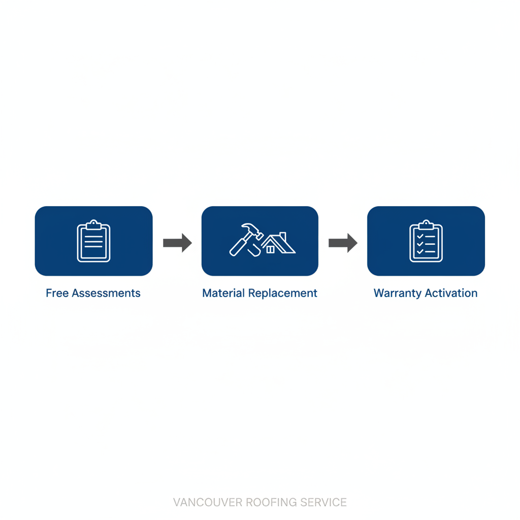 Horizontal process flow diagram illustrating the three main steps of roofing services in Vancouver: initial inspection, repair and installation, and post-work maintenance.