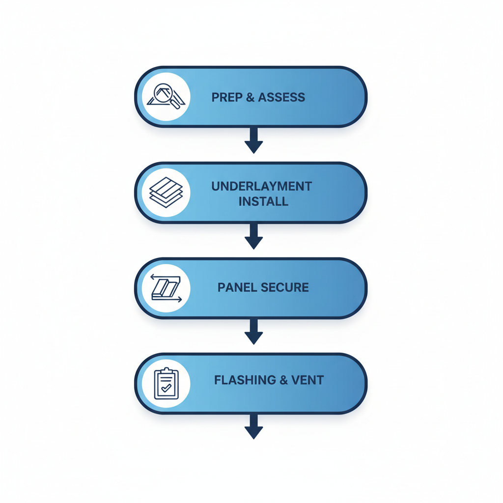 Vertical process flow diagram illustrating five stages of metal roof installation in Vancouver: preparation assessment, underlayment installation, panel securing, flashing ventilation, and final inspection.