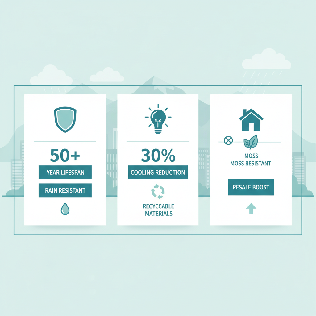 Infographic showing three key benefits of metal roofing: durability with 50+ year lifespan, energy savings with 30% cooling reduction, and property value increase with moss resistance.