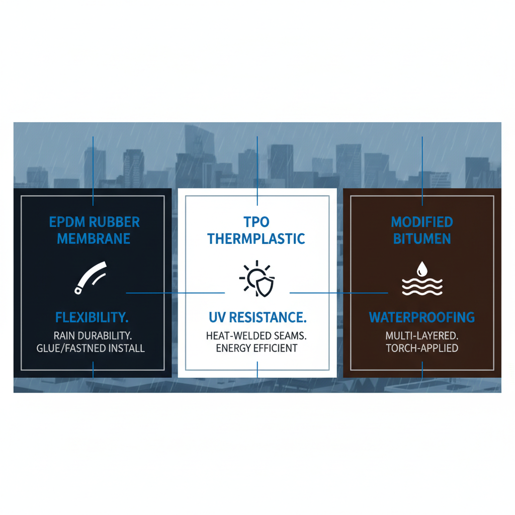 Infographic illustrating EPDM, TPO, and modified bitumen flat roof materials for Burnaby's wet climate with benefits and icons.