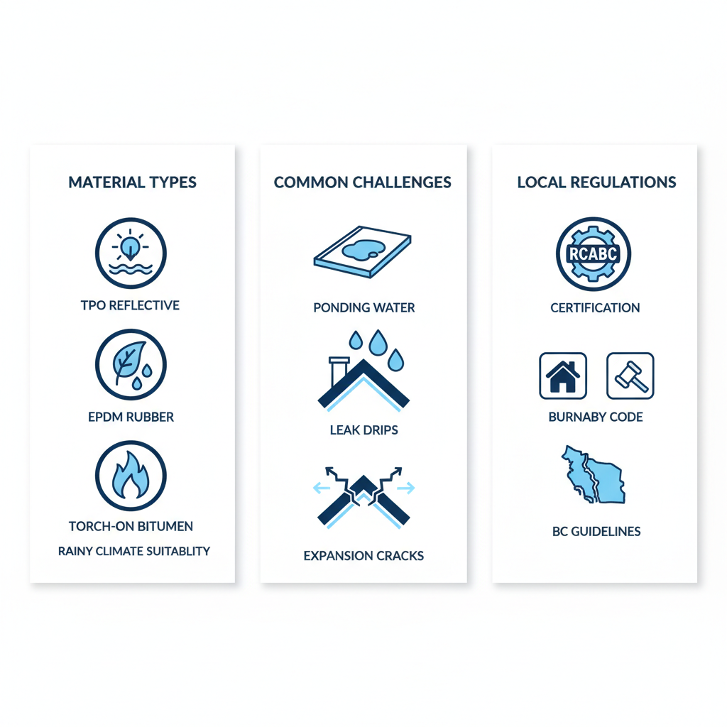 Infographic outlining types of flat roofing materials, common challenges, and local regulations in Burnaby