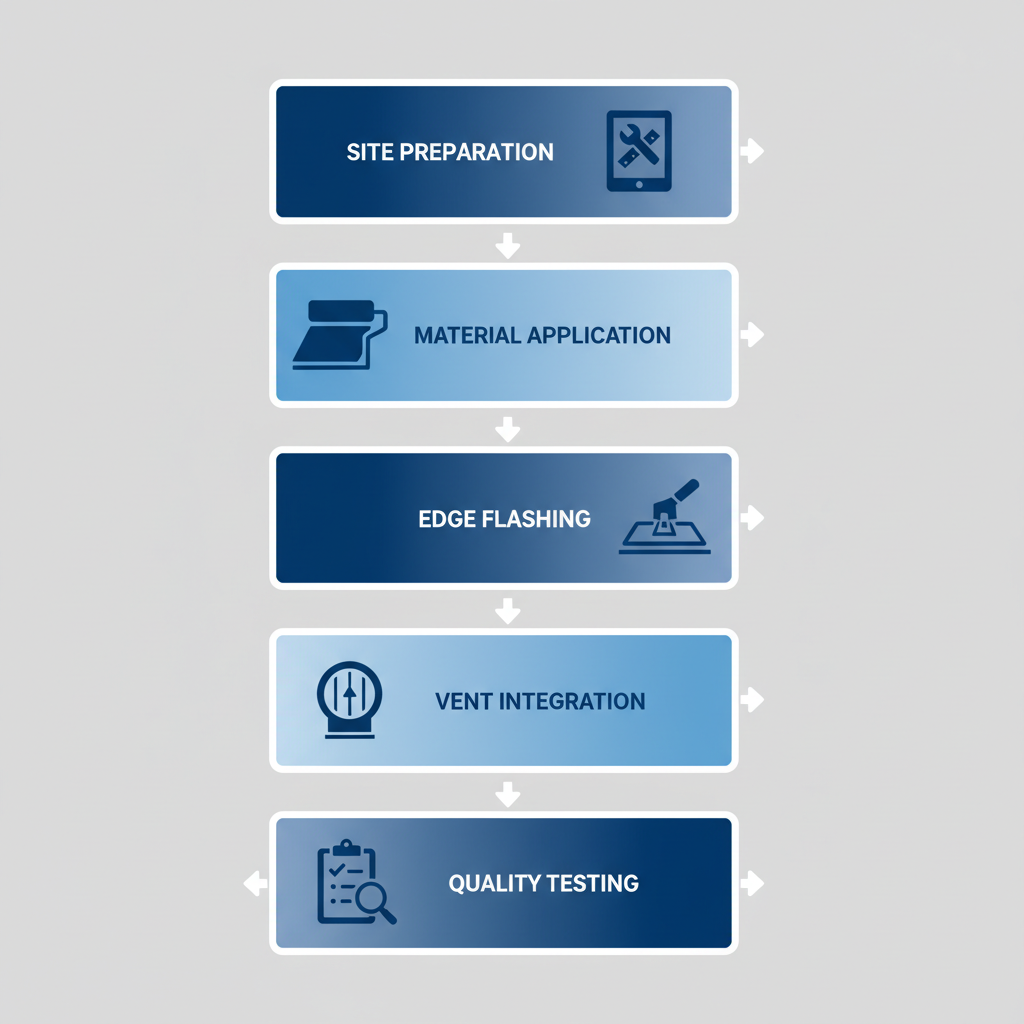 Vertical process flow diagram showing five steps of flat roof installation in Burnaby: site preparation, material application, edge flashing, ventilation integration, and quality testing.