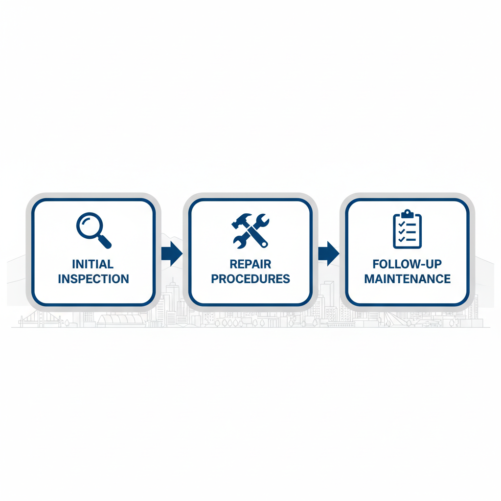 Horizontal process flow diagram illustrating three key stages of professional roofing services in Vancouver: inspection, repair, and follow-up.