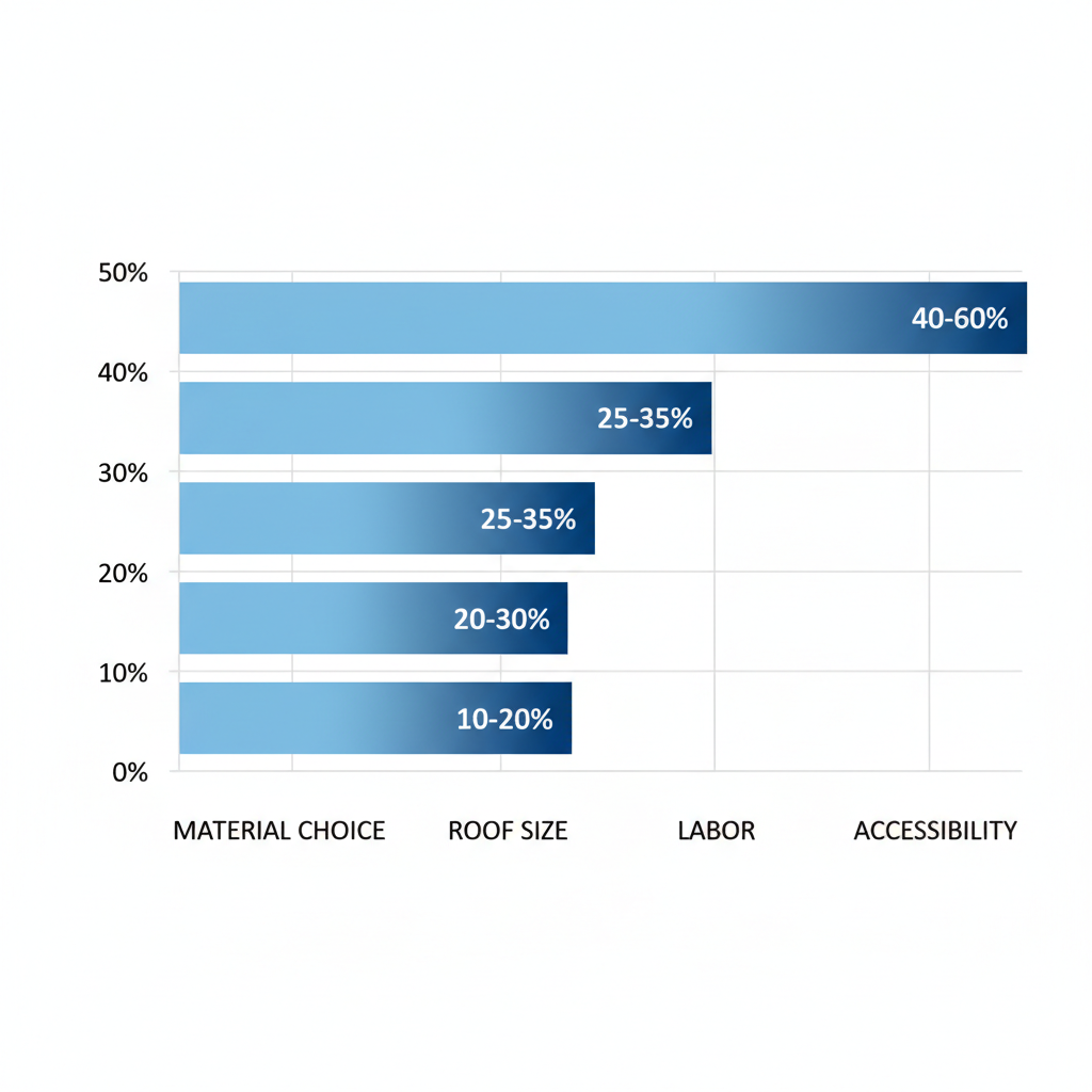 Horizontal bar chart showing percentage contributions of roofing cost factors like materials, size, labor, and accessibility in Vancouver