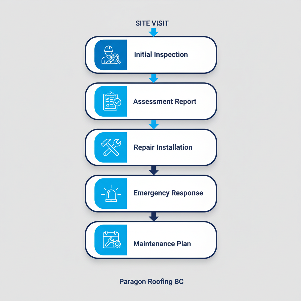 Vertical process flow diagram illustrating five stages of handling Vancouver roofing projects: initial inspection, assessment, repair, emergency response, and maintenance.