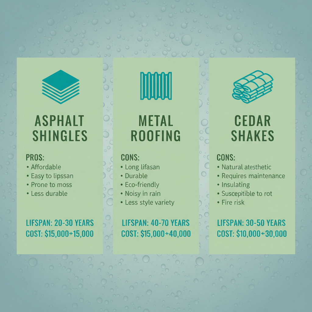 Infographic comparing asphalt shingles, metal roofing, and cedar shakes for Vancouver's climate, showing pros, cons, lifespans, and costs.