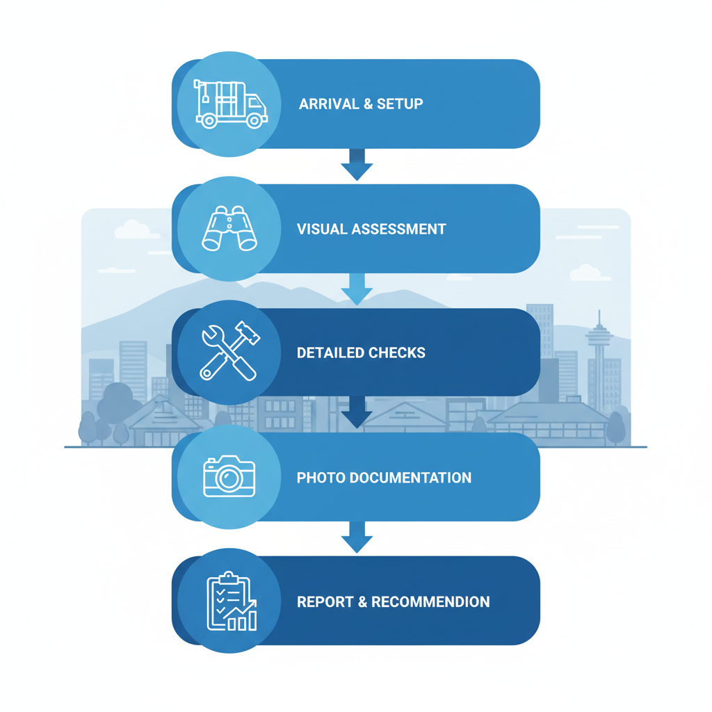 Vertical process flow diagram illustrating five stages of professional roofing maintenance in Vancouver with safety focus