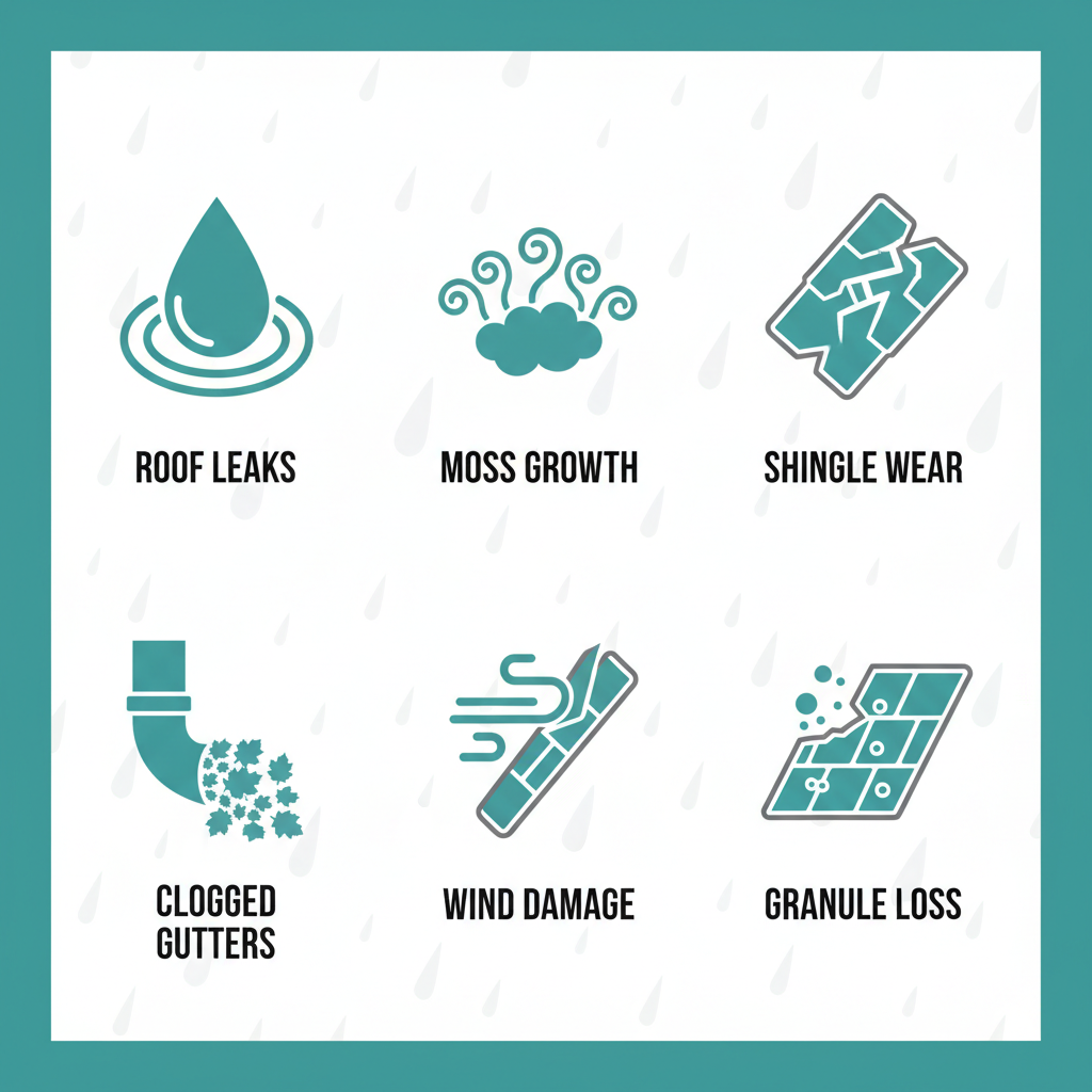Grid of icons depicting common roof damages: leaks, moss growth, shingle wear, clogged gutters, wind damage, and granule loss in wet climates