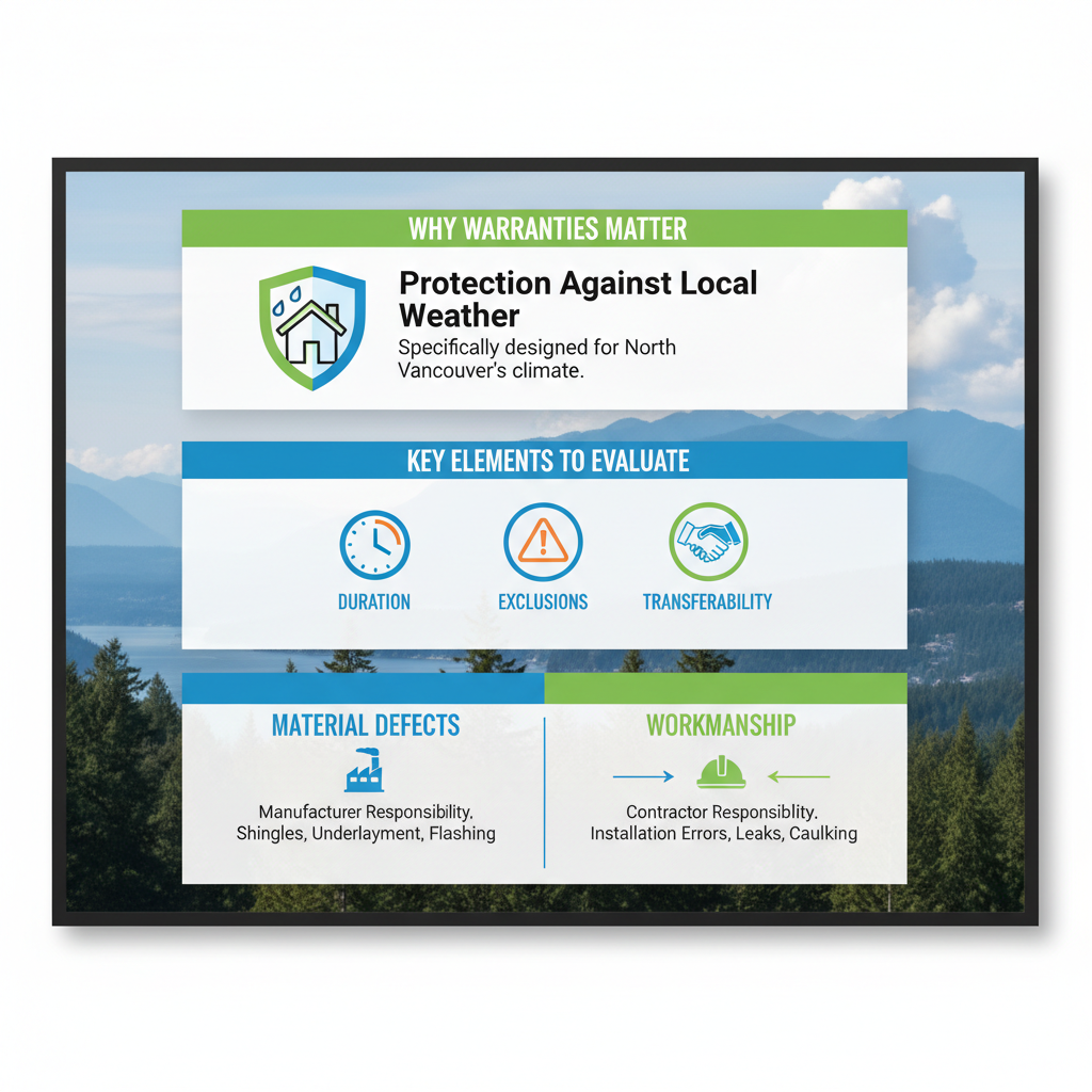 Infographic illustrating roofing warranties: why they matter with protective shield, key evaluation elements with icons, and defects versus workmanship diagram.