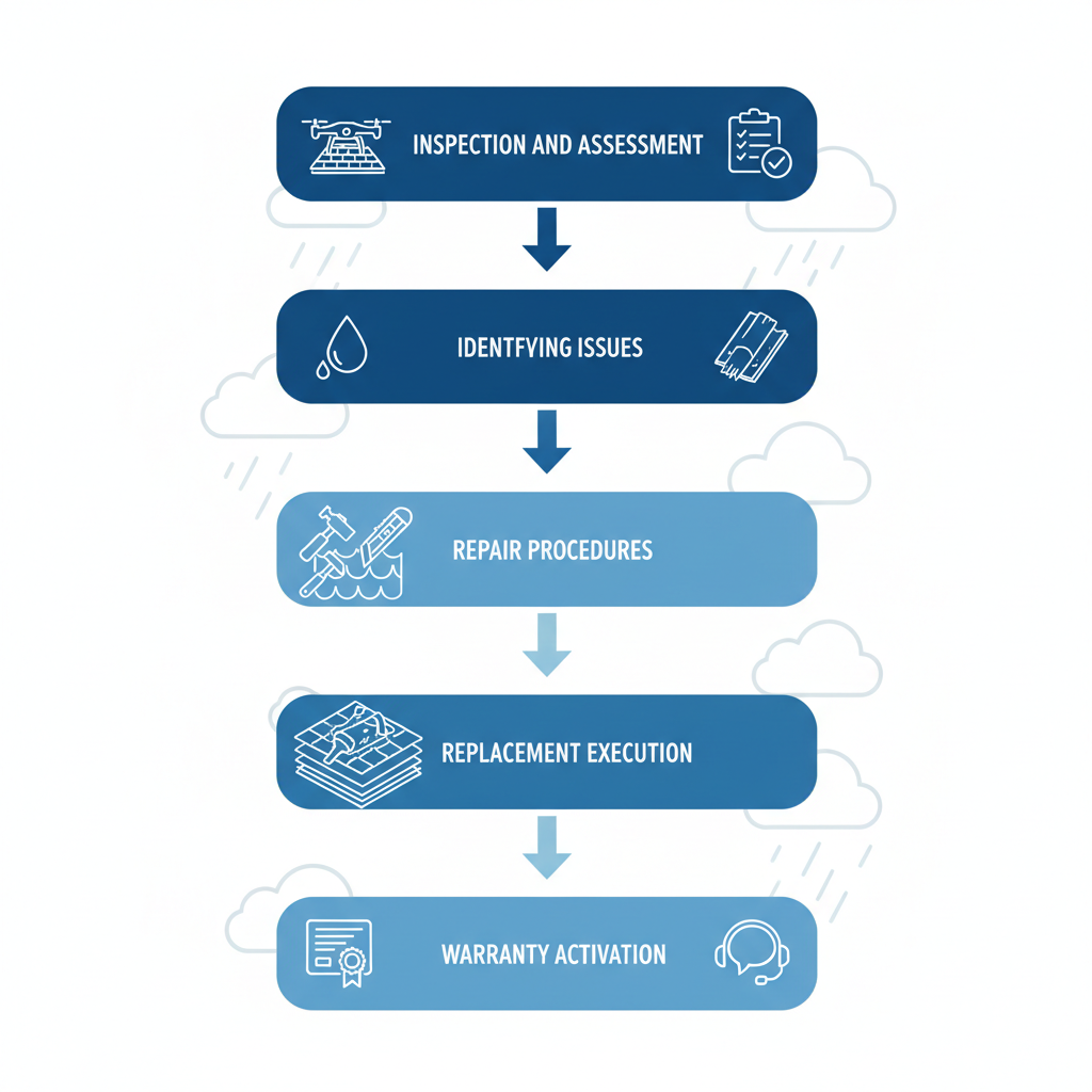 Vertical process flow diagram illustrating the five stages of professional roofing services from inspection to warranty support.