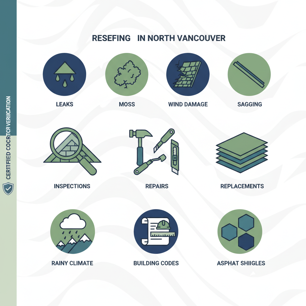Infographic depicting common roofing issues, service types, and local factors in North Vancouver