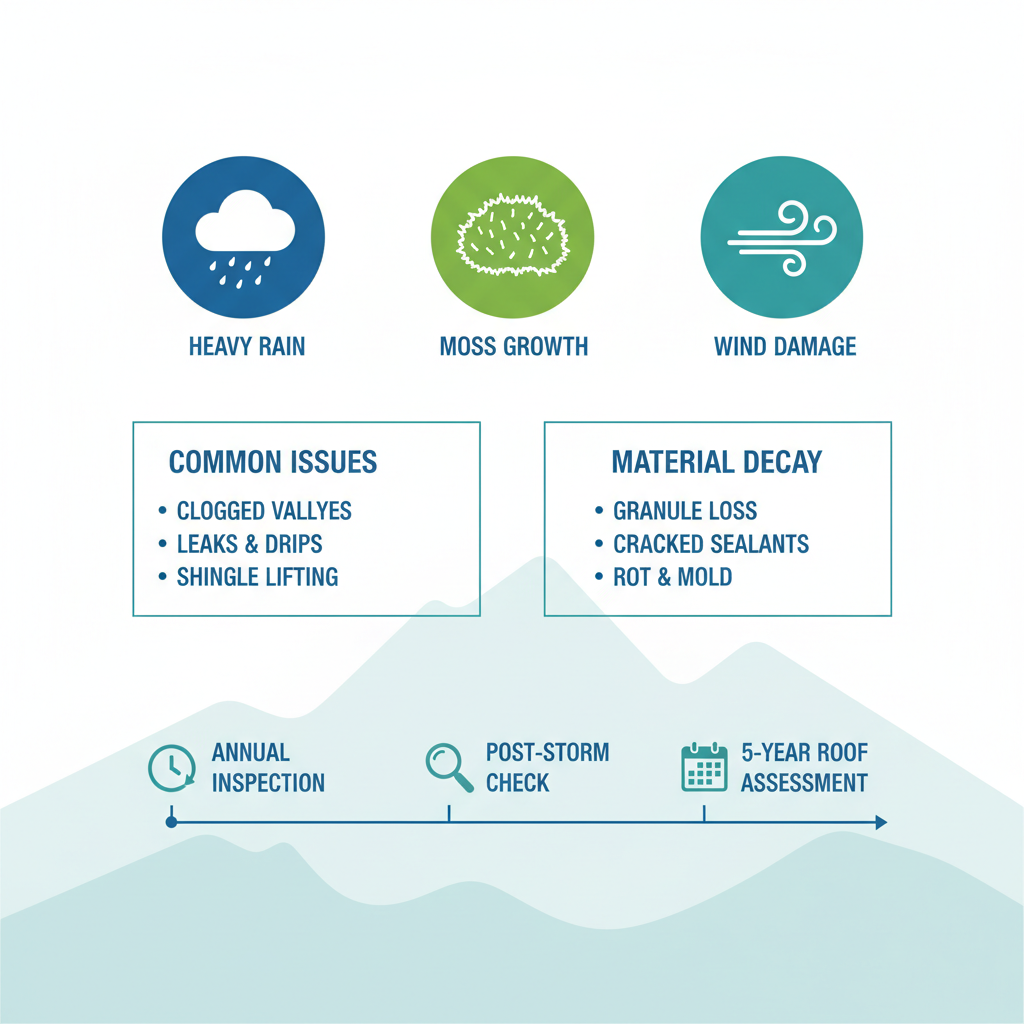 Infographic showing climate challenges, damage indicators, and inspection recommendations for residential roofs in North Vancouver