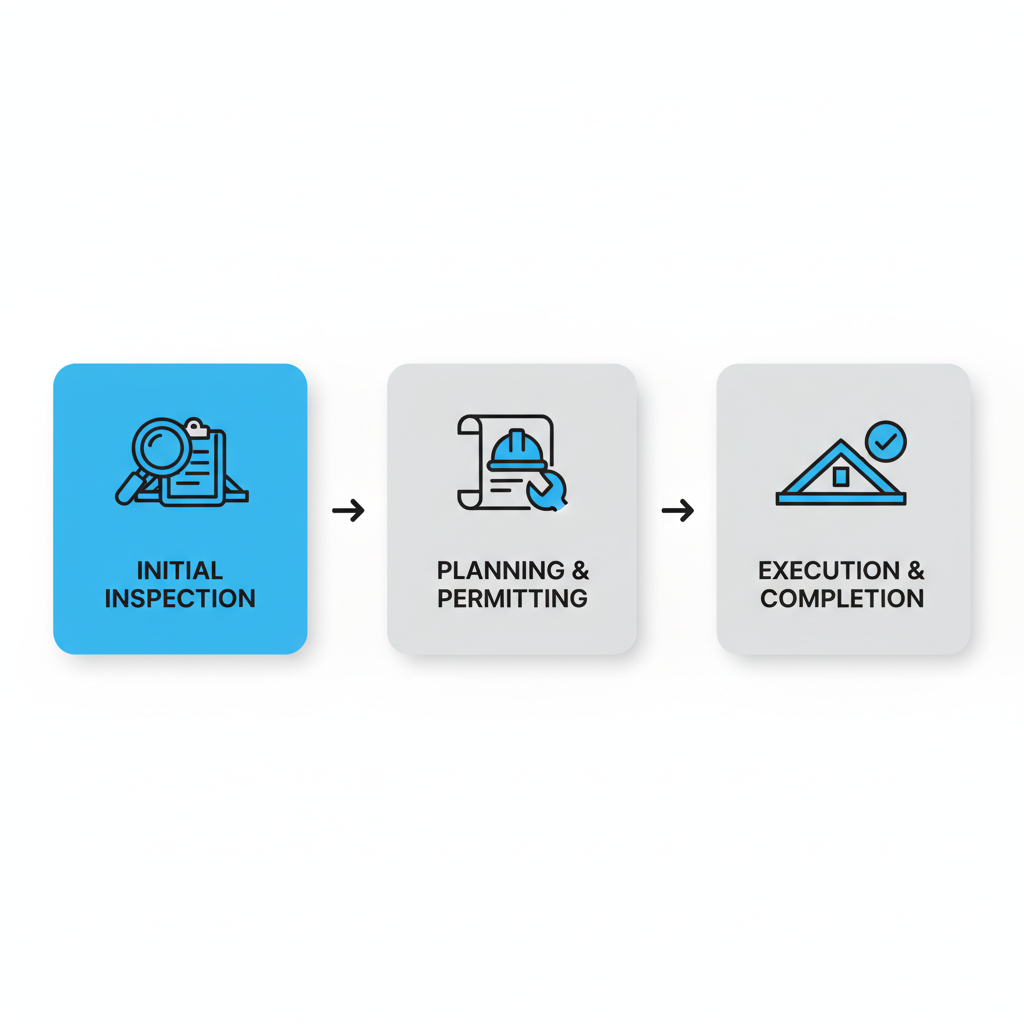 Horizontal process flow diagram showing three stages of residential roofing: inspection, planning, and execution in North Vancouver.