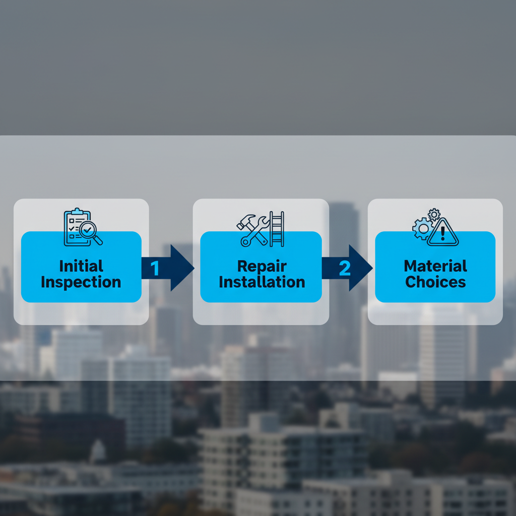 Horizontal process flow diagram showing three stages of commercial roofing: initial inspection, repair and installation, and material choices with icons.