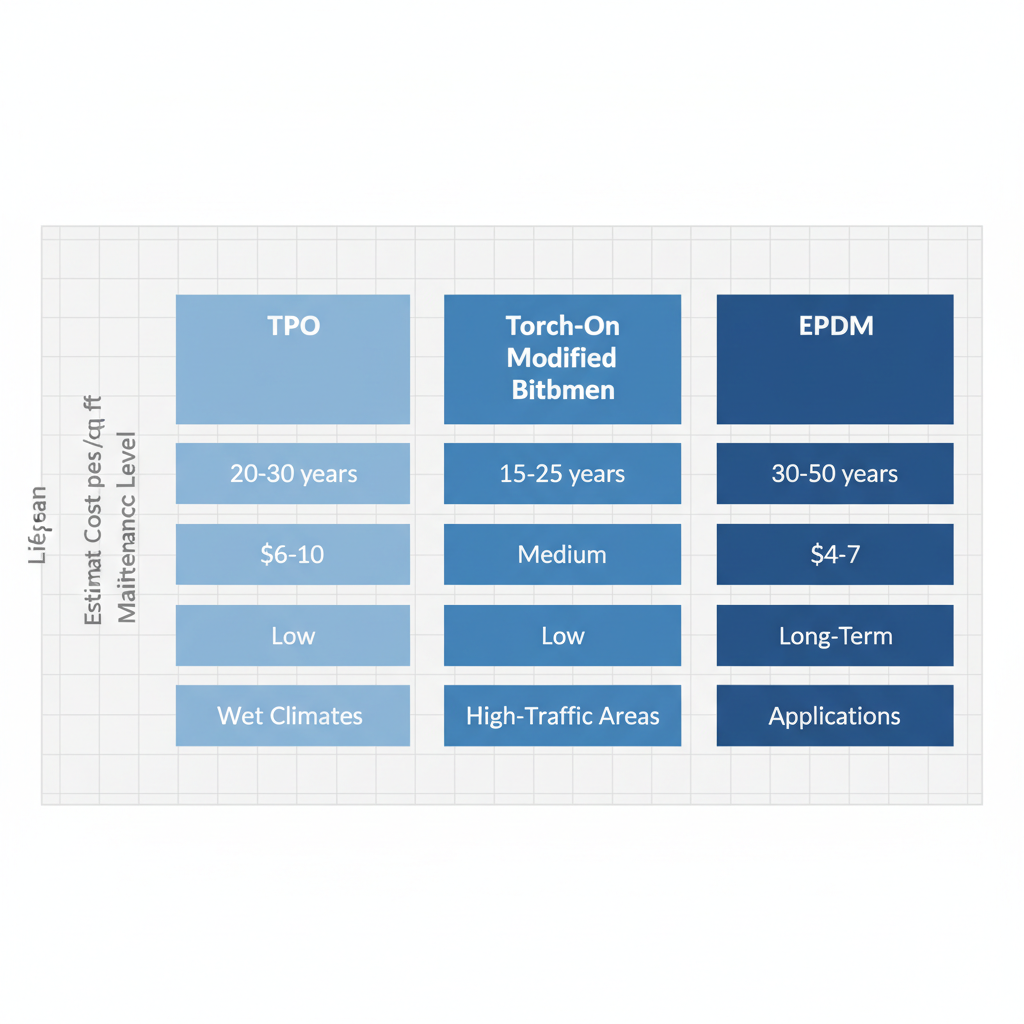 Comparison chart of TPO, Torch-On Modified Bitumen, and EPDM commercial flat roofing materials including lifespan, cost, maintenance, and best applications.
