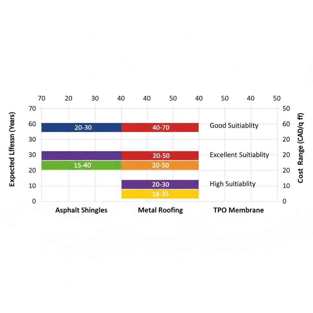 Horizontal bar chart comparing lifespan and cost of asphalt shingles, metal roofing, and TPO membrane for Vancouver's climate.
