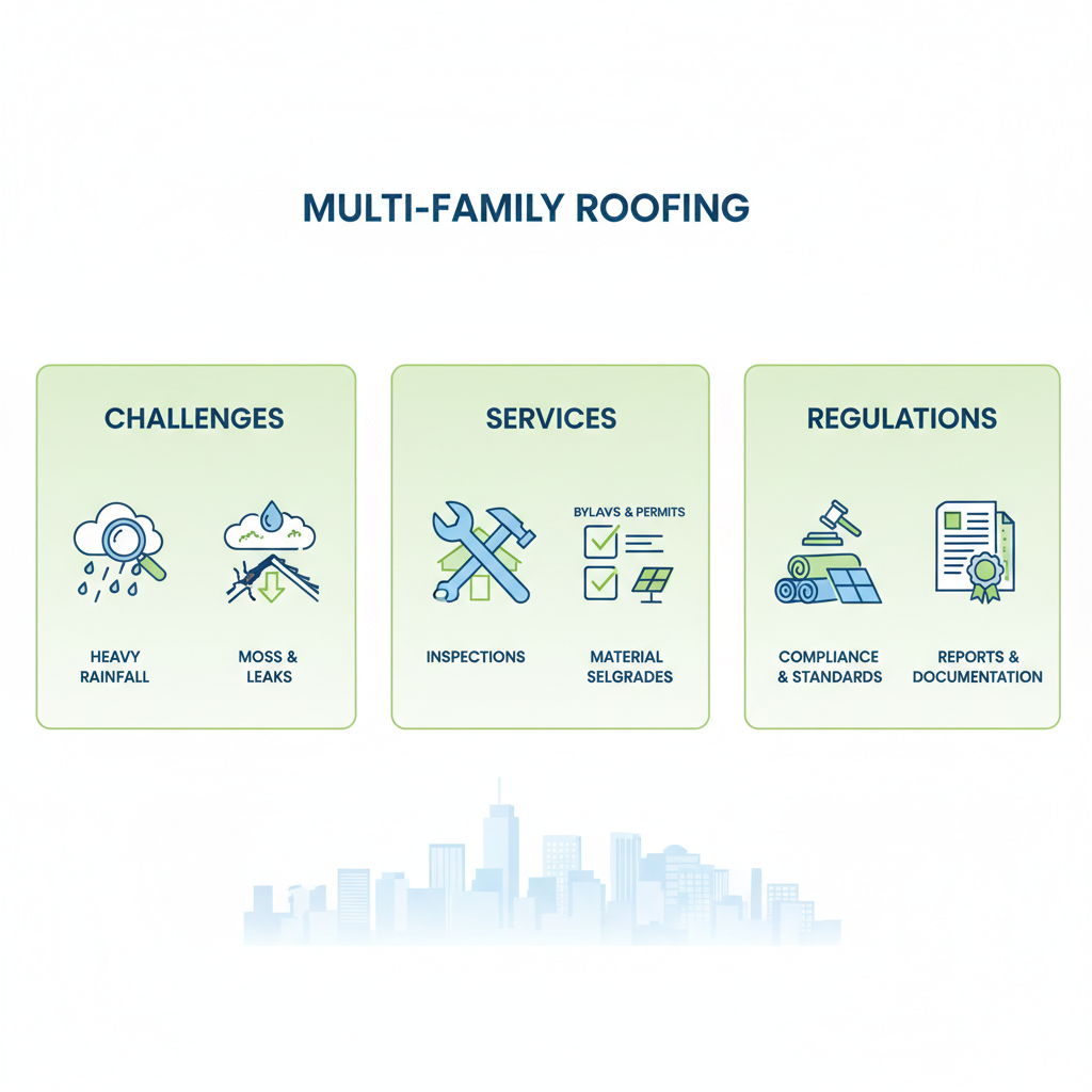 Infographic showing challenges, essential services, and regulatory considerations for multi-family roofing in Vancouver with icons and minimal labels.