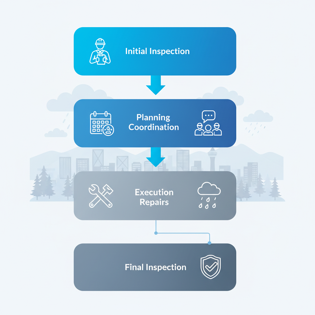 Vertical process flow diagram illustrating the four stages of multi-family roof services in Vancouver.