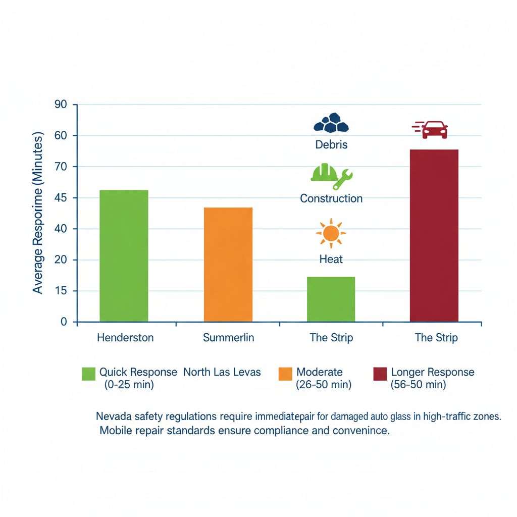 Bar chart showing auto glass service response times across Las Vegas Valley areas and damage causes