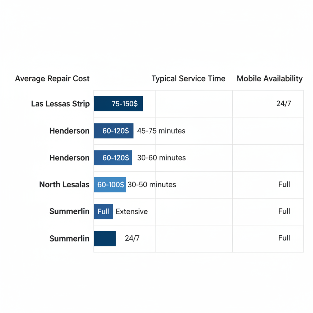 Bar chart comparing windshield repair costs, service times, and mobile availability in Las Vegas Valley areas