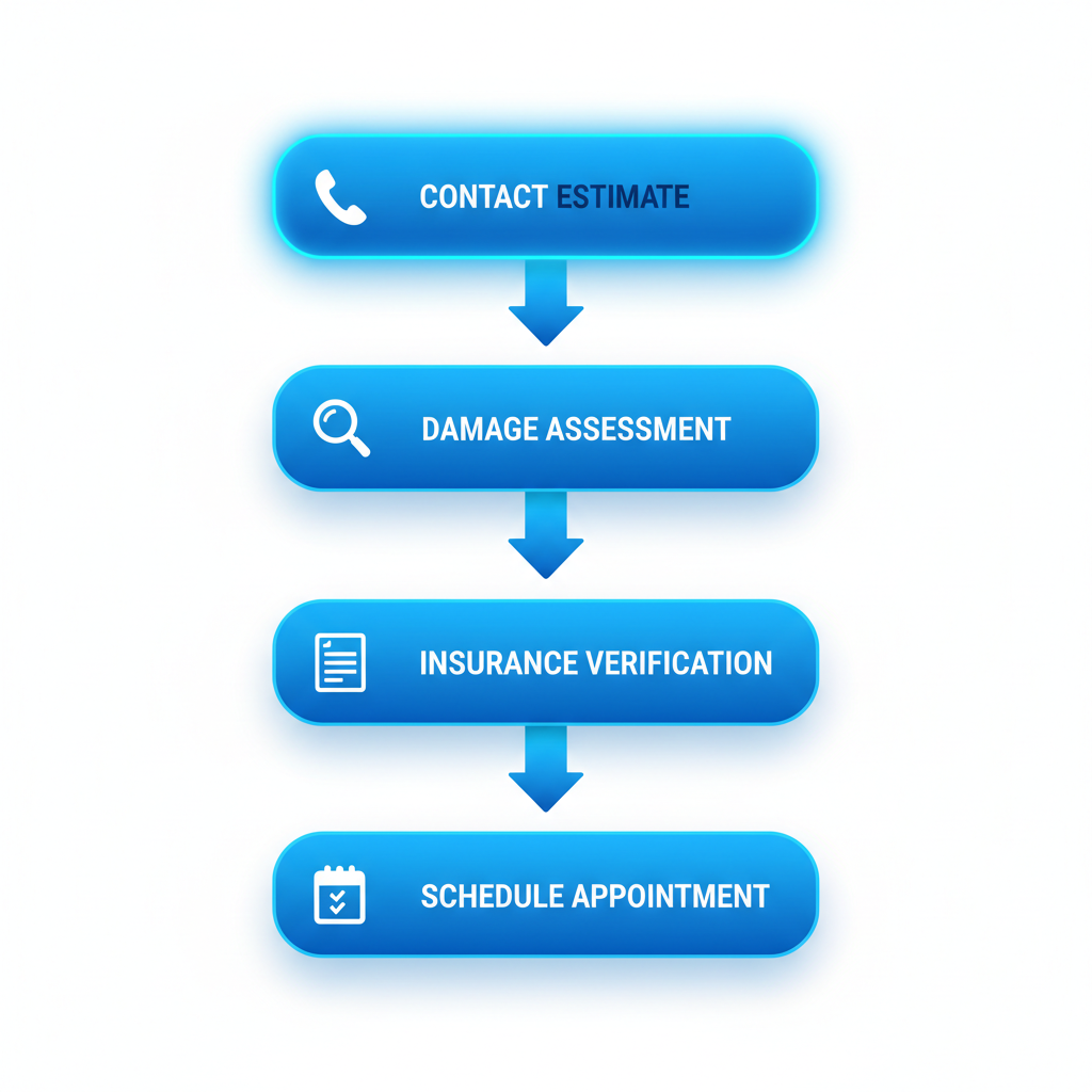Vertical process flow diagram showing five steps to arrange mobile windshield repair in Las Vegas with icons and labels.