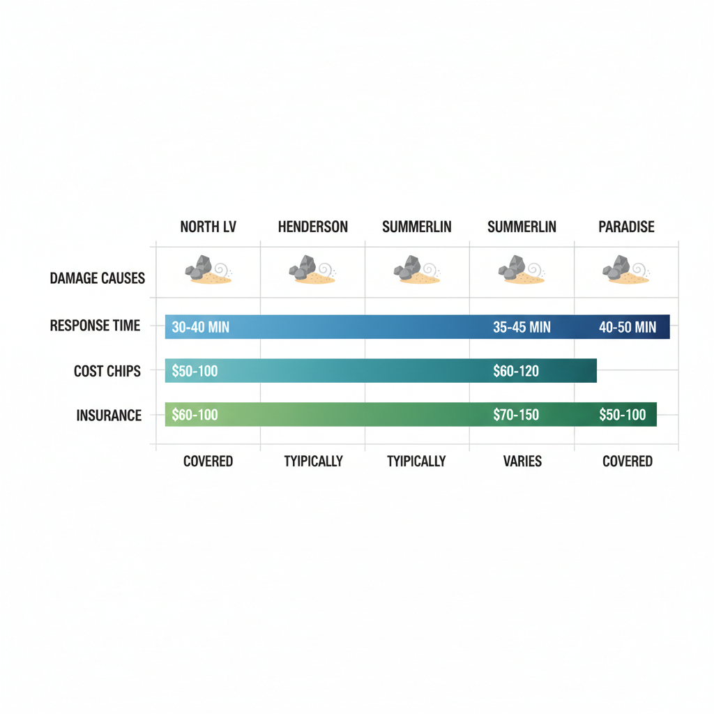 Horizontal bar chart comparing windshield damage causes, response times, costs, and insurance in Las Vegas Valley areas