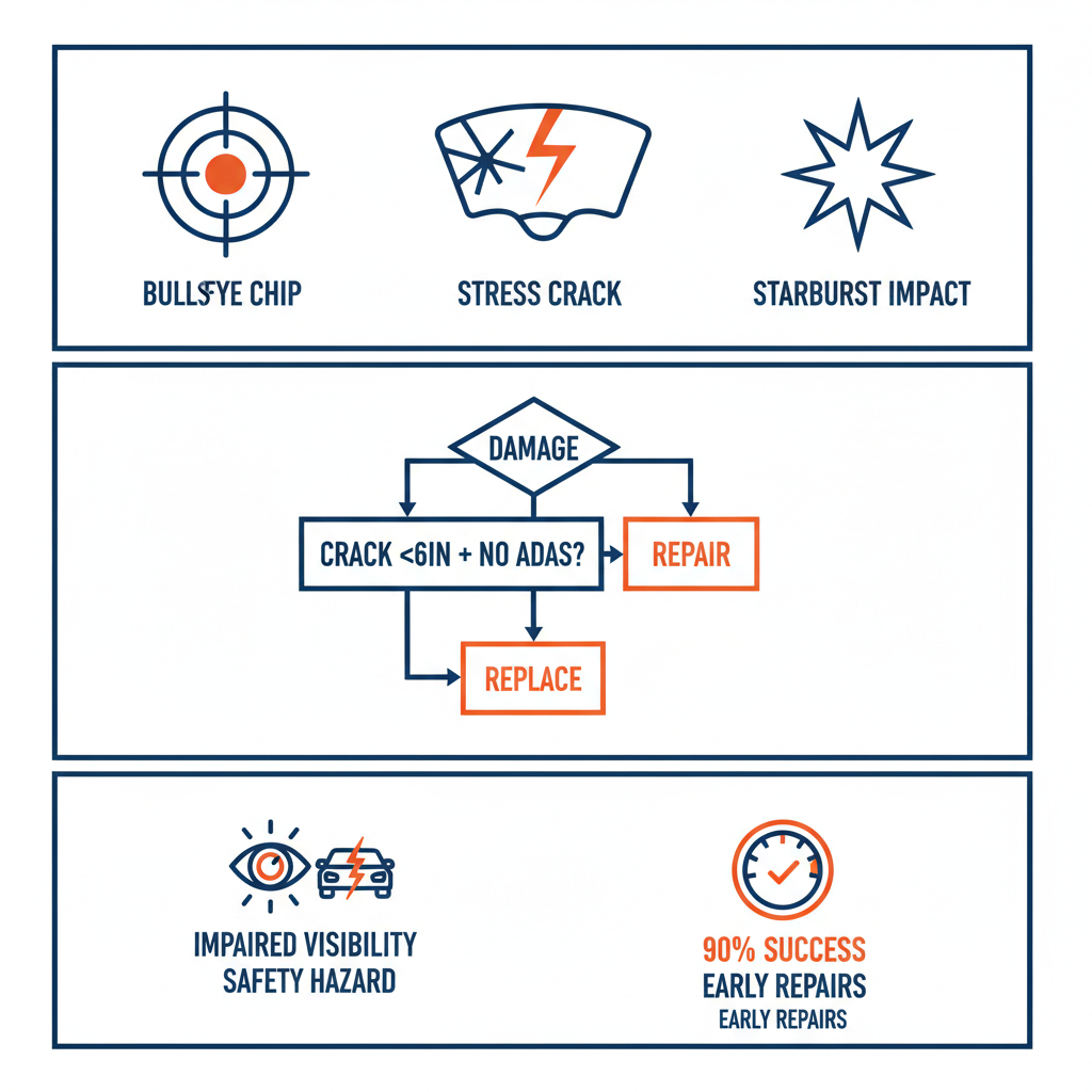 Infographic showing windshield damage types, repair decision flowchart, and risks in Las Vegas Valley