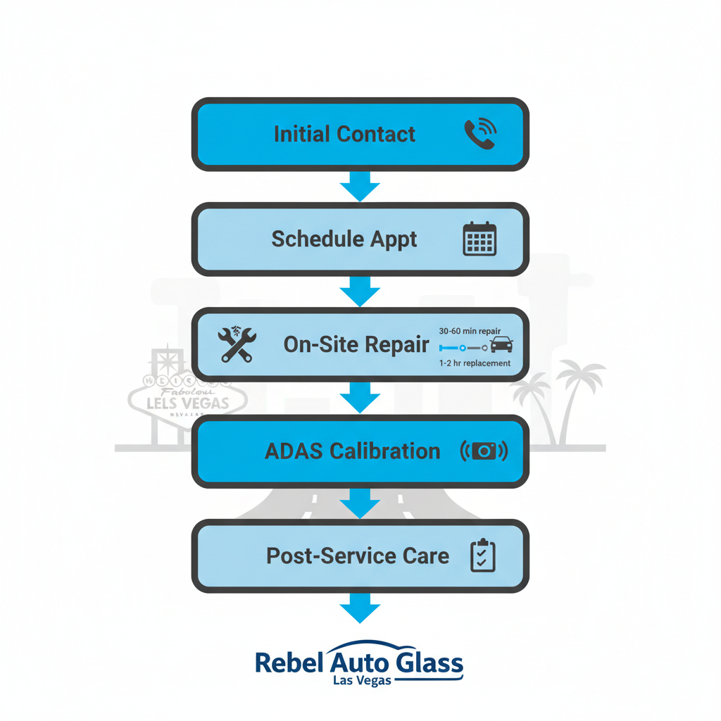 Vertical process flow diagram illustrating the mobile windshield service steps in Las Vegas, including contact, scheduling, repair, calibration, and post-service care.