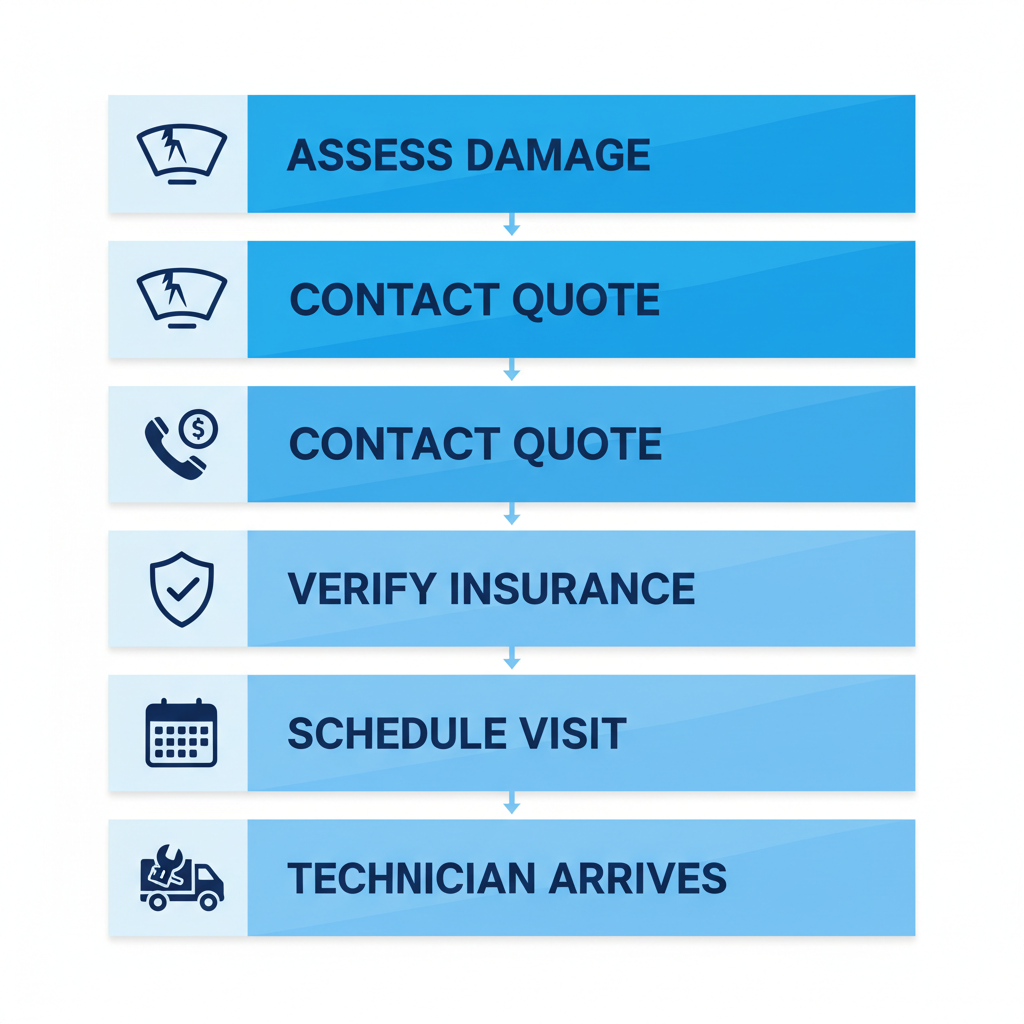 Vertical process flow diagram illustrating five steps for mobile auto glass repair: assess damage, contact for quote, verify insurance, schedule visit, and technician arrival.