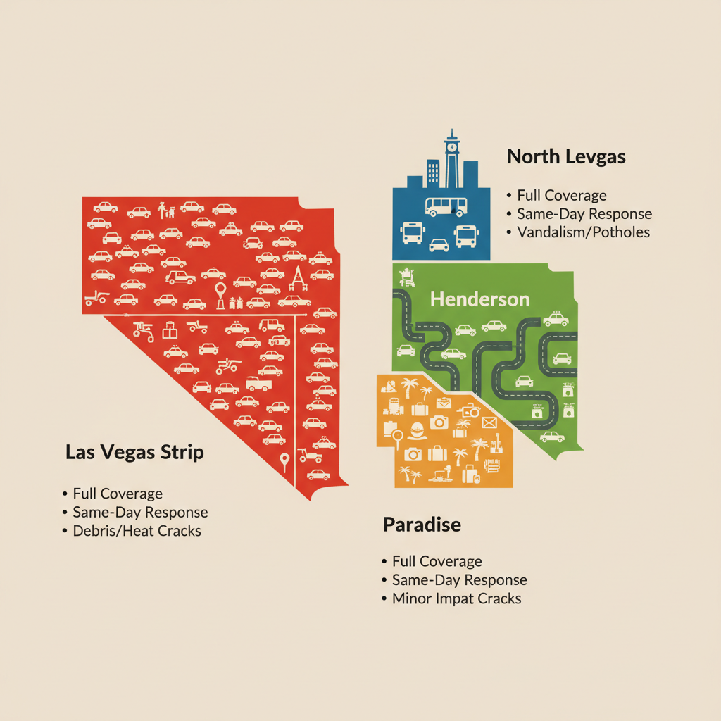 Infographic map showing auto glass needs in Las Vegas Valley areas with icons and key service details