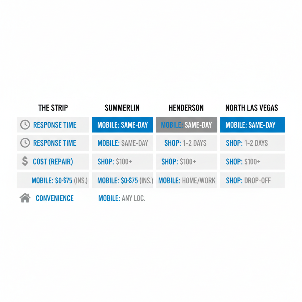Infographic comparing mobile and traditional windshield services in Las Vegas areas including response time, cost, and convenience with icons and data points