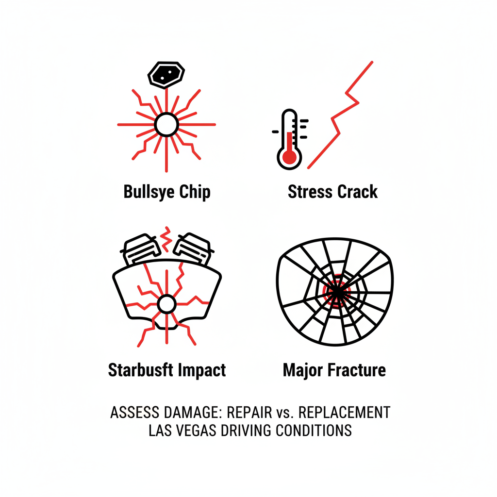 Four icons illustrating common windshield damage types: bullseye chip, stress crack, starburst impact, and major fracture.