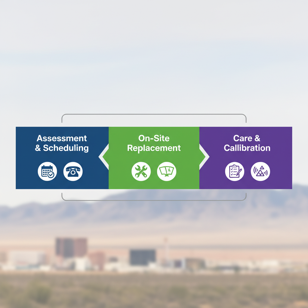 Horizontal process flow illustrating the three-step mobile auto glass replacement in Las Vegas with icons and color-coded stages