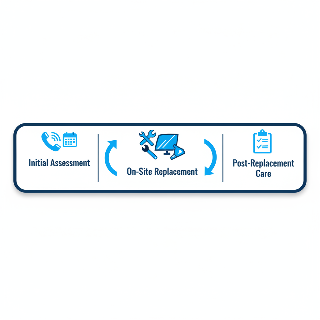 Horizontal process flow diagram illustrating the three stages of mobile car window replacement: initial assessment, on-site replacement, and post-replacement care.