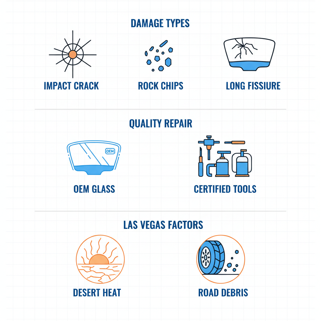 Infographic illustrating types of car window damage, key replacement components, and local Las Vegas factors.