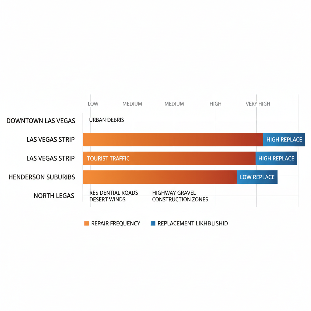 Horizontal bar chart comparing auto glass repair frequency and replacement likelihood across Las Vegas areas, labeled with common causes.
