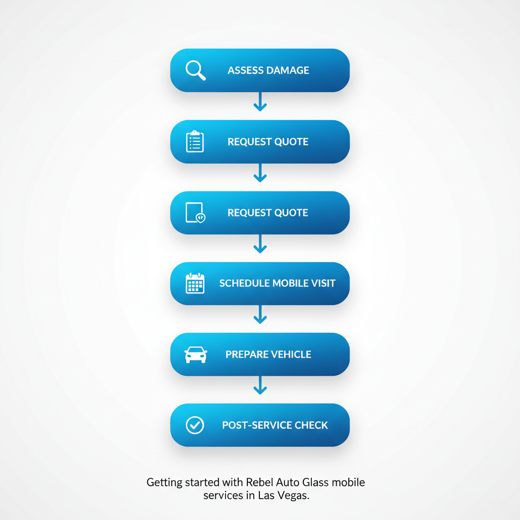 Vertical process flow diagram showing five steps to start auto glass services: assess damage, request quote, schedule visit, prepare vehicle, and post-service check.