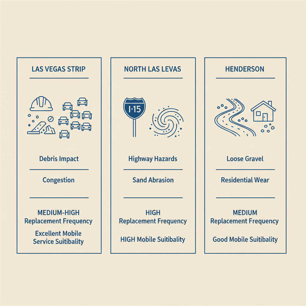 Infographic comparing auto glass damage risks in Las Vegas Strip, North Las Vegas, and Henderson areas with icons and key metrics.