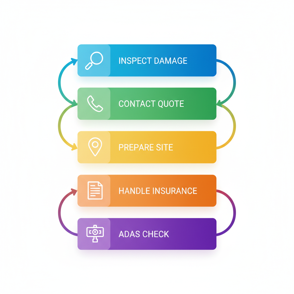 Vertical process flow diagram illustrating five steps for addressing auto glass issues: inspect, contact, prepare, handle insurance, and ADAS check.
