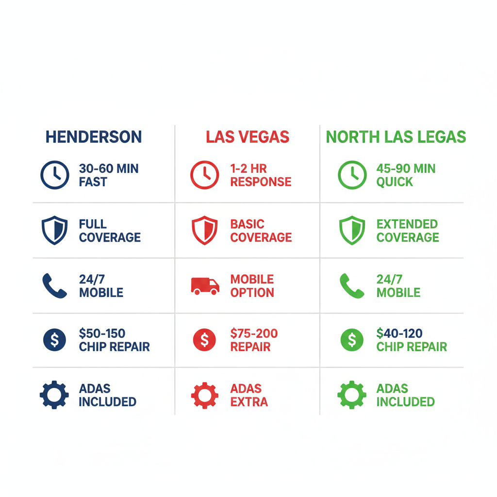 Infographic comparing key windshield service aspects in Henderson, Las Vegas, and North Las Vegas areas