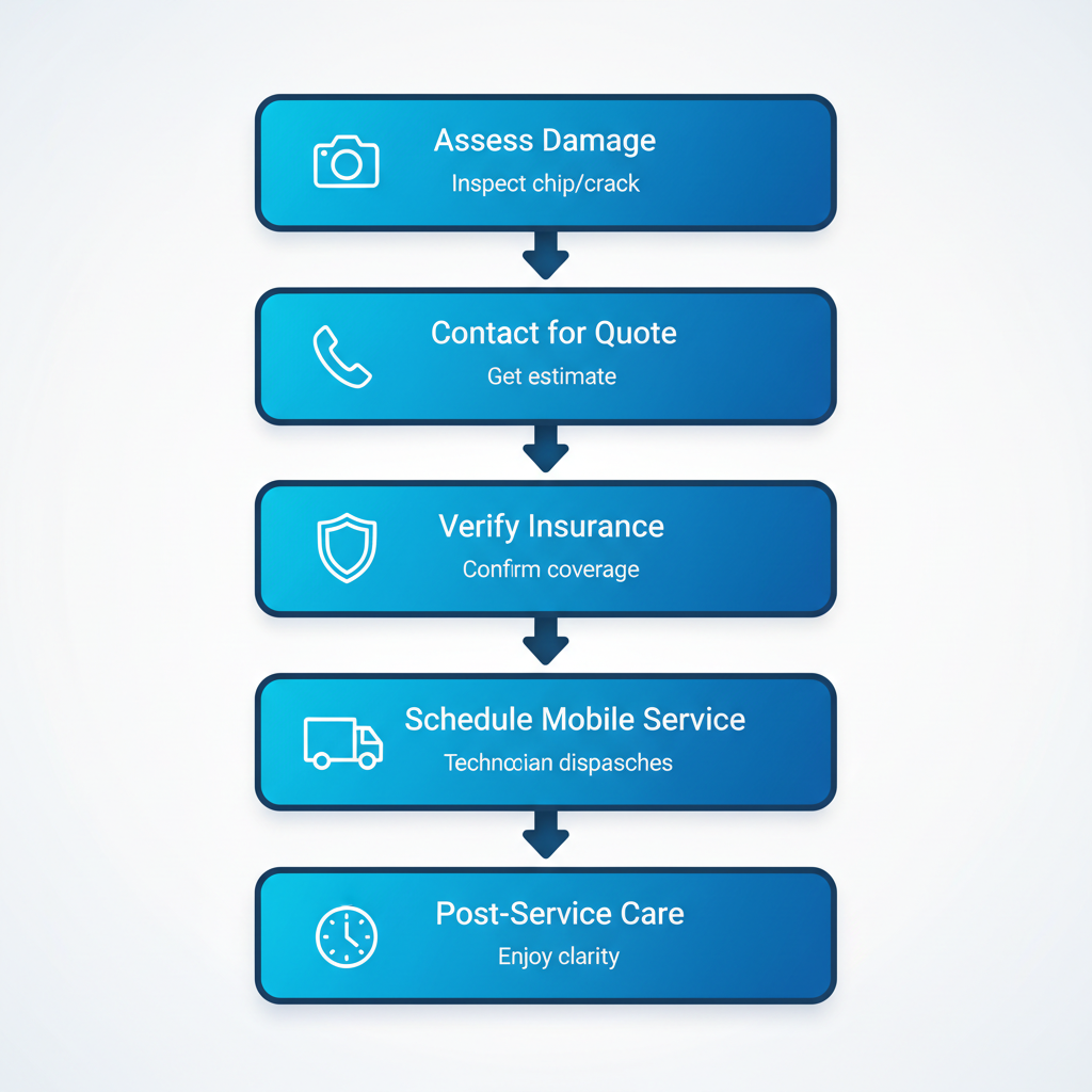 Vertical process flow diagram showing five steps for starting windshield repair services in Henderson, NV: assess damage, contact for quote, verify insurance, schedule mobile service, and post-service care.