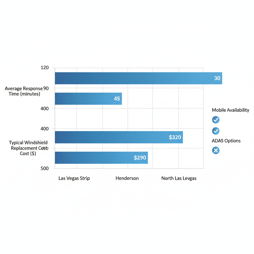 Horizontal bar chart showing auto glass service comparisons in Las Vegas Valley areas with response times, costs, and availability icons