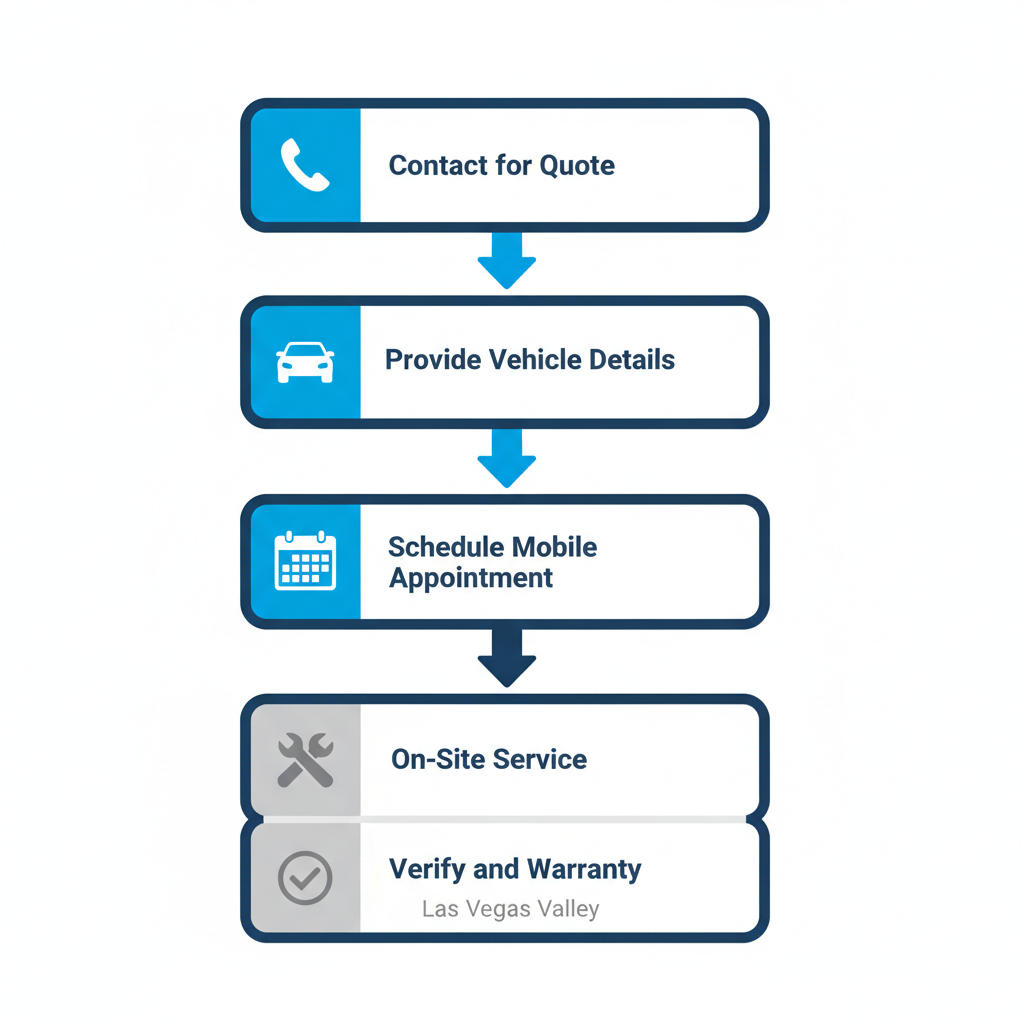 Vertical process flow diagram showing five steps to schedule windshield replacement with icons for phone, car, calendar, tools, and checkmark.