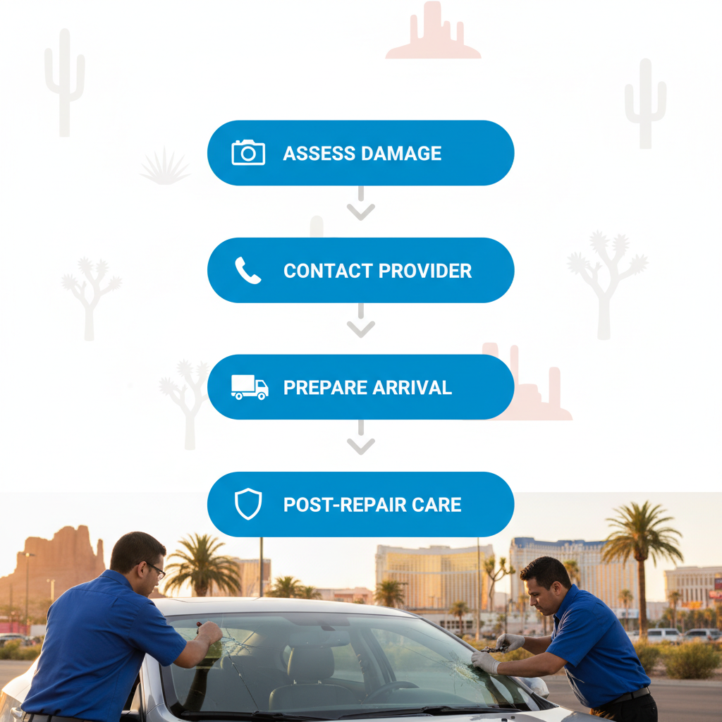 Vertical process flow diagram showing four steps to start windshield repair in Las Vegas: assess damage, contact provider, prepare for tech arrival, and follow post-repair care.