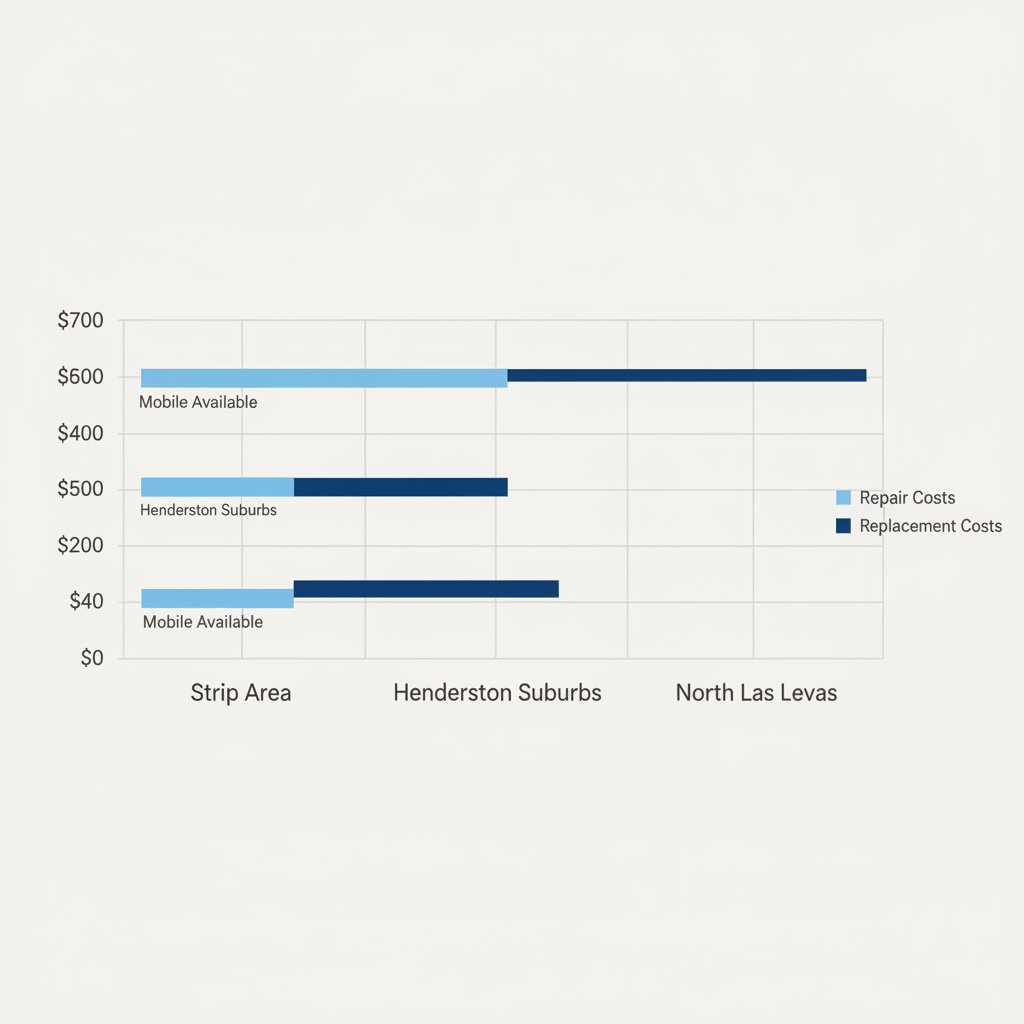 Horizontal bar chart comparing auto glass repair and replacement costs across Las Vegas neighborhoods including Strip Area, Henderson Suburbs, and North Las Vegas with mobile service notes.