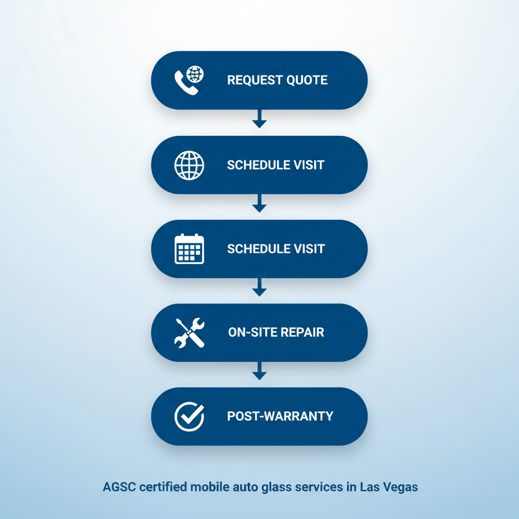 Vertical process flow illustrating four steps for starting auto glass services: request quote, schedule mobile visit, on-site assessment and repair, post-service instructions and warranty.