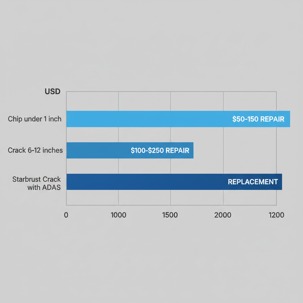 Horizontal bar chart comparing repair and replacement costs for windshield damage types in Las Vegas, with cost ranges from $50 to $1200.