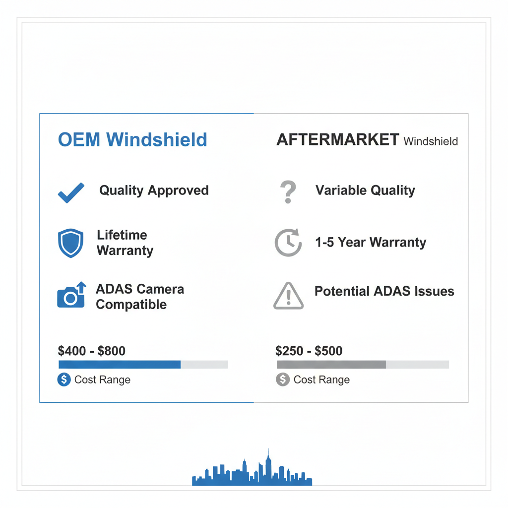 Infographic comparing OEM and aftermarket windshields showing quality, warranty, compatibility, and costs