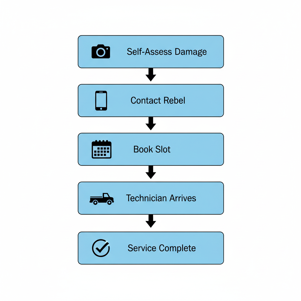 Vertical process flow illustrating five steps to schedule mobile windshield repair in Las Vegas: self-assess, contact, book, technician arrival, and completion.