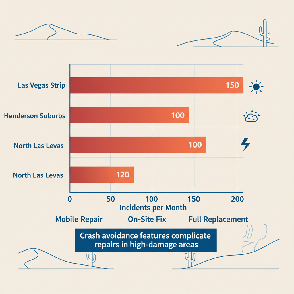 Horizontal bar chart showing monthly windshield damage incidents in Las Vegas zones with icons and service recommendations.